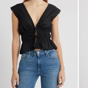 Wayf Black Tie Front Babydoll Peplum Blouse Top Small